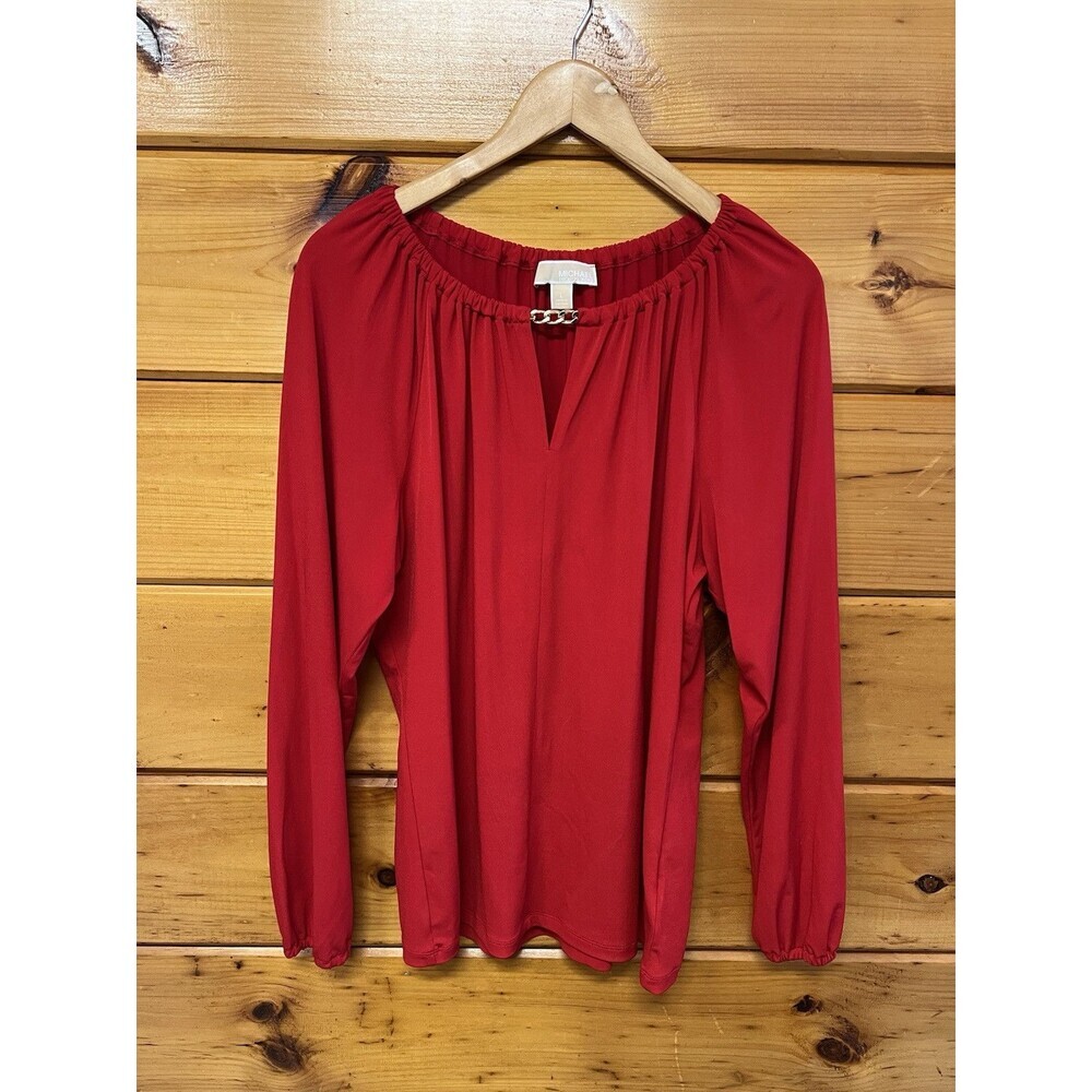 Michael Kors Chain-Link Top L Red, Long Sleeve V /Round Neck L Stretchy Blouse